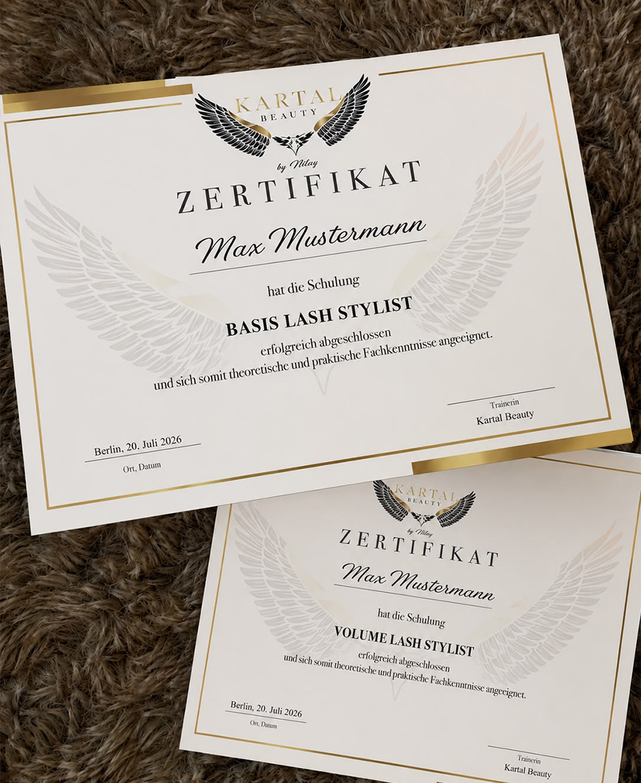 Zertifikat nach der Lash-Schulung bei Kartal Beauty